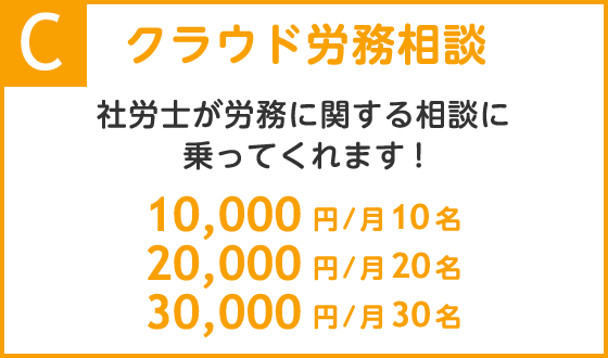 C.クラウド労務相談 10,000円/月10名、20,000円/月20名、30,000円/月30名