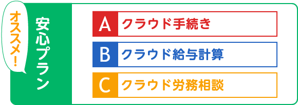 オススメ！安心プラン A.クラウド手続き＋B.クラウド給与計算＋C.クラウド労務相談